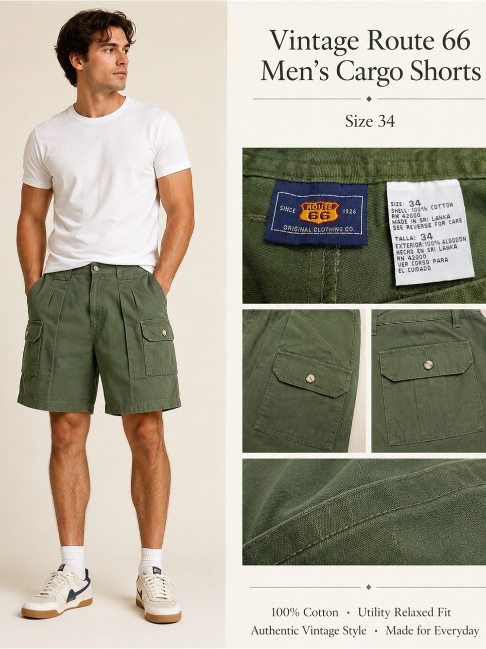 Y2K Indie Sleaze 2000s Route 66 Pleated Cargo Shorts Size 34 Olive Green Cotton